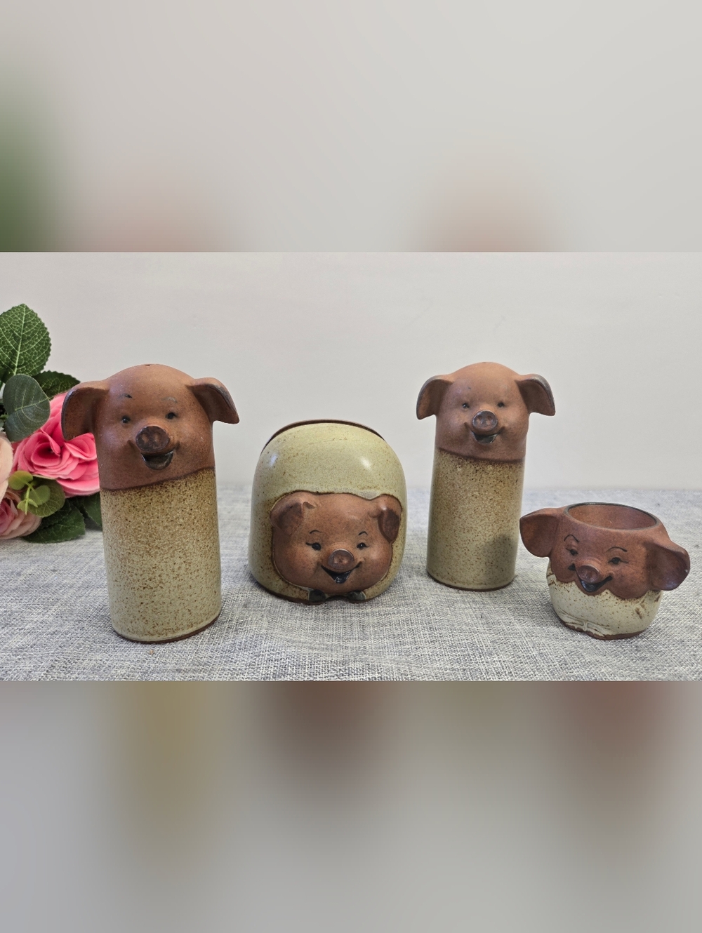 Vintage 4 pcs UCTCI Pig Stoneware Salt And Pepper, Napkins Holder, Egg Cup Japan